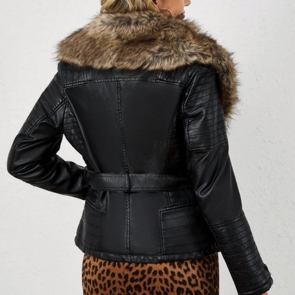 Brown Faux Fur Black Leather Belted Motorcycle Bomber Jacket Sherpa Winter Coat - Picture 4 of 6